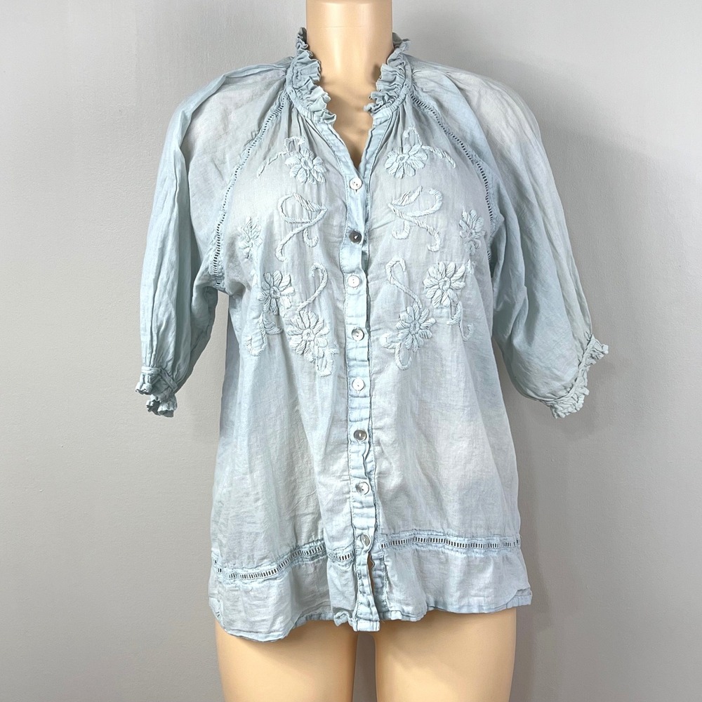 CP Shades Cottagecore‎ Top Womens Medium Blue Cotton Gauze Ruffle Boho Coastal